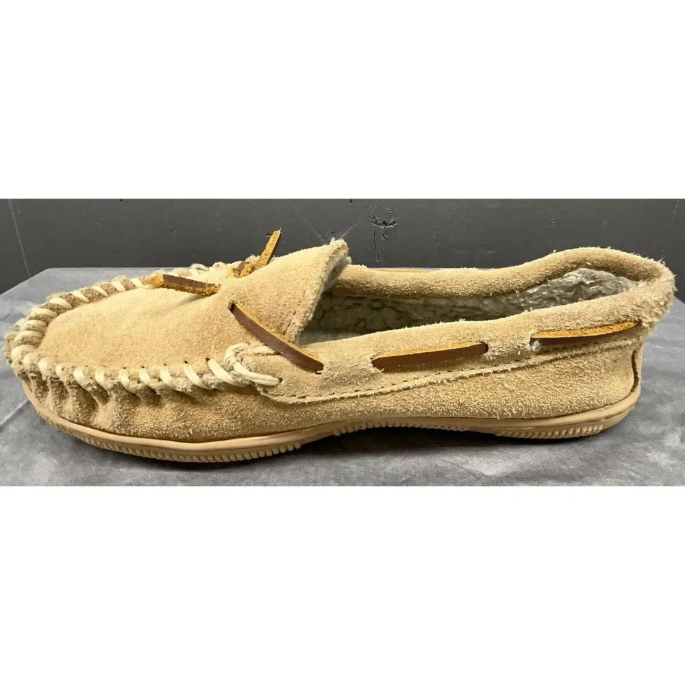 Minnetonka Moccasins Kids 3‎ Brown Tan Leather Sherpa Lined Slippers Shoes